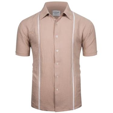 Imagem de fohemr Camisa masculina casual manga curta abotoada verão praia painéis contrastantes havaiana, 09 bege, M