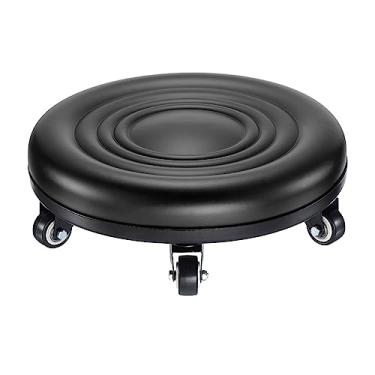 Imagem de PATIKIL Banqueta de roda de assento baixo cadeira de couro PU bancos de rodinhas banquinho curto baixo de rolamento, banco de roda universal para escritório em casa, fitness, assento redondo (preto)