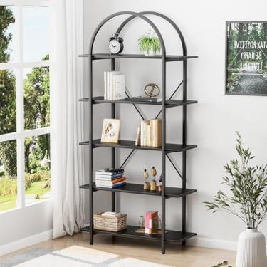 Imagem de Arbuxzuy Estante de livros arqueada de 5 níveis, estante industrial de 79 cm de largura, estante alta curvada com prateleiras abertas para escritório em casa, sala de estar, quarto, preta