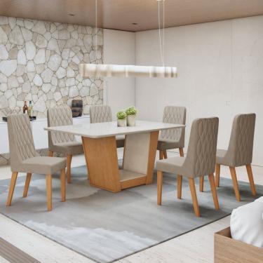 Imagem de Conjunto Apogeu 170cm Tampo MDF com Vidro e 6 Cadeiras Luar Amendoa Clean/Off White/Veludo Naturale Creme