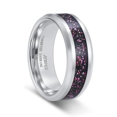 Imagem de JEWPER Anéis de tungstênio para homens 8 mm preto/prata/ouro moda promessa aliança de casamento martelada sulco meteorito orbo carboneto chanfrado borda polida ajuste confortável, 8, Metal, Sem pedra