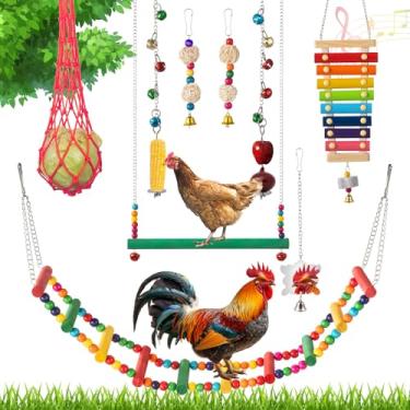 Imagem de 9 peças de brinquedos de galinha para galinheiro – Conjunto completo de brinquedos de galinha, acessórios para galinheiros, escada, espelho, brinquedo de bicar, entretenimento
