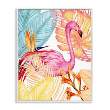 Imagem de Stupell Industries Flamingo & Tropical Flora Branco Emoldurado Giclee Art Design por Kim Allen, 11 x 14