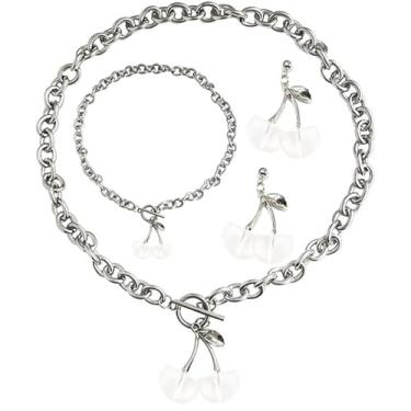 Imagem de Dreuyet Conjunto de colar com pingente de cereja doce para mulheres, brincos de frutas fofas, pulseira criativa de frutas vermelhas, cereja, gargantilha, joias modernas, Medium, Resina, nknow