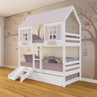 Imagem de Treliche Casinha Bela Kit Escada/escorregador - Madeira Maciça Branco/rosa Megamobilia