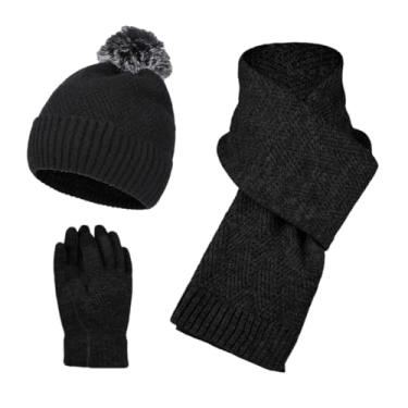 Imagem de Conjunto de gorro de lã de inverno para mulheres e homens, cachecol de lã engrossado, quente, de caxemira, gorros, cachecóis, luvas, preto