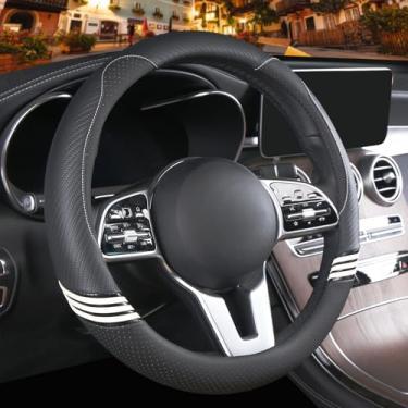 Imagem de Binsheo Capa de volante fofa de 35,5 cm para mulheres e homens, couro sintético e fibra de carbono, preta