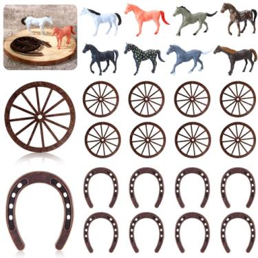 Imagem de Junkin 24 peças decorações de festa ocidentais peças centrais de cowboy mini estatuetas de cavalo pequenas ferraduras de metal roda artesanato para cowboy vaqueira decoração de mesa ocidental Derby