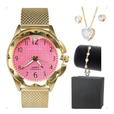 Imagem de Kit Relógio Feminino Dourado e Rosa à Prova D'água + Conjunto de Joias em Aço Inox Folheado a Ouro 18k (Colar, Brincos e Pulseira) com Embalagem Luxo