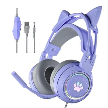 Imagem de Xmenha Fones de ouvido de gato roxo para jogos com microfone para Switch Xbox One PS4 PS5, fones de ouvido com fio para meninas fofas iluminam Kawaii Kitty, fones de ouvido com cancelamento de ruído