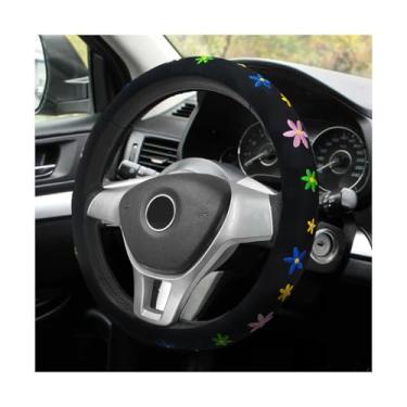 Imagem de NYTKL Capa de volante bordada, protetor de volante floral antiderrapante respirável de 38 cm, absorção de suor, flor fofa, envoltório de roda automotiva para mulheres e meninas, acessórios de carro