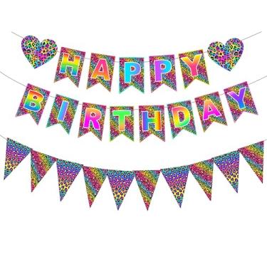 Imagem de Decorações de festa de aniversário com estampa de guepardo arco-íris, faixa colorida de feliz aniversário com tema de leopardo com faixa de flâmula para decoração de festa de animais de guepardo