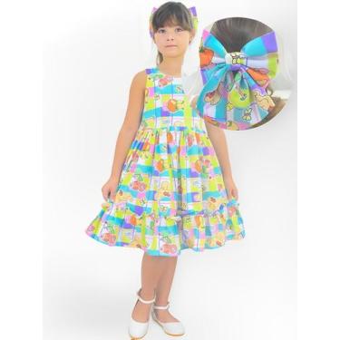 Imagem de Vestido Tema Livro de Colorir Verde Neon + Laço Cabelo - Moderna Menin