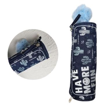 Imagem de Estojo Necessaire Jeans Azul com Pompom Escolar Volta as Aulas Organizador Fofo Temático Lápis