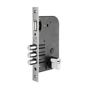 Imagem de Fechadura de Segurança Rolete F-5570-3R para Porta Pivotante, 3 Pinos de travamento, Euro Cilindro 90mm, Roseta redonda Polida, Aço Inox, F-14R, Fortezza,"substitui qualquer máquina de 55mm"