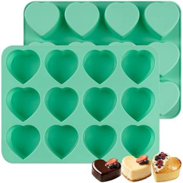 Imagem de Zorazio Molde de silicone de coração com 12 cavidades para chocolate, pacote com 2 moldes antiaderentes de silicone em forma de coração para bolos de muffin, pudim, doces, geleia, sabonete artesanal
