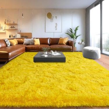 Imagem de Tapetes de área para sala de estar, tapetes macios e felpudos para sala de estar, tapetes felpudos para quarto das crianças, decoração perfeita para casa moderna amarelo 1,2 x 1,8 m