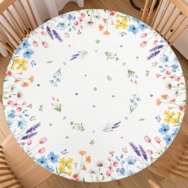 Imagem de Toalha de mesa redonda floral de primavera com elástico para mesas de 121 a 132 cm, azul, roxo, rosa, folhas de flores, para verão, impermeável, tema sazonal, fazenda, ambientes internos e externos