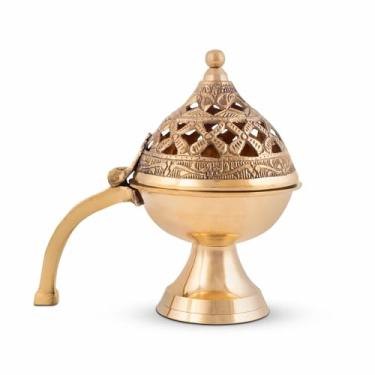 Imagem de Queimador Loban de latão puro/Dhoop Dani | Queimador de incenso redondo Dhuna para Loban e Dhoop | Dhooni de latão de mesa tradicional para purificação doméstica | Tamanho pequeno