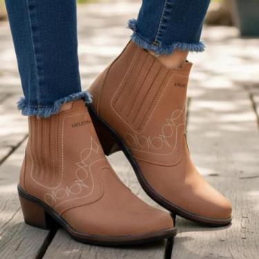 Imagem de Bota Feminina Country Couro Nobuck Cor Rato Marrom Claro Solado Costur