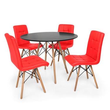 Imagem de Kit Mesa Jantar Eiffel 100cm Preta + 04 Cadeiras Gomos - Vermelha - Im