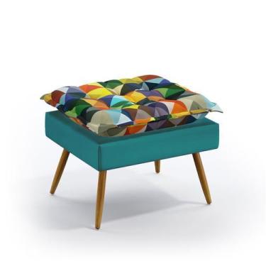 Imagem de Puff Lunar Para Sala de Estar Sued Estampado Colorido e Azul Turquesa 