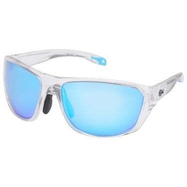 Imagem de BASSDASH Óculos de sol esportivos polarizados para homens e mulheres, pesca, condução, caminhada, UV400, com armação leve TPX inquebrável, Armação branca transparente + lente espelhada azul gelo,