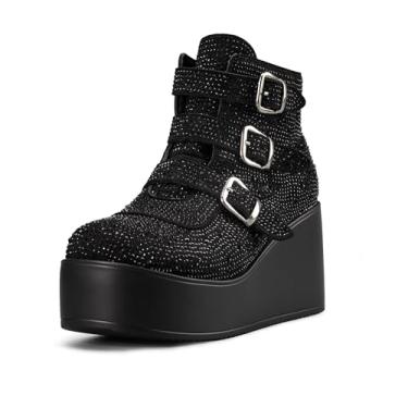 Imagem de LUCKY STEP Botas femininas de cano curto com plataforma – bico redondo com zíper anabela salto alto fivela sola grossa botas góticas, Strass preto, 7