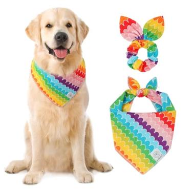 Imagem de E-Clover Conjunto de bandanas para cães arco-íris e scrunchie combinando para meninas, babadores de orgulho fofo, bandana para animais de estimação com gravata borboleta para cães médios e grandes