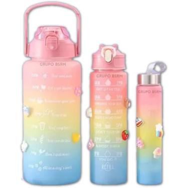 Imagem de Kit 3 Garrafas de Água Motivacionais Squeeze Galão 2L Antivazamento para Academia, Hidratação Diária, Tie Dye 3DGarrafa de água tripla - Com Apoio de Celular - 2000ml x 900ml x 300ml (Feminino)