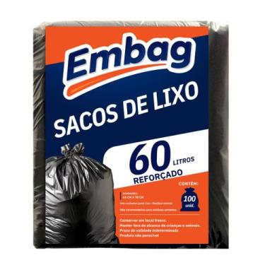 Imagem de Saco de lixo 60 Litros Reforçado Preto 100 Unidades - Embag, Preto