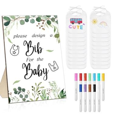 Imagem de Golibra Conjunto de decoração de babador de bebê, kit de jogo de chá de bebê de 33 peças com 20 babadores brancos, marcadores de tecido de 12 cores e 1 placa de jogo de vegetação de madeira, kit de