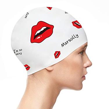 Imagem de Marsolly Touca de natação de silicone para mulheres, touca de natação de cabelo longo impermeável com estampa listrada (lábios)
