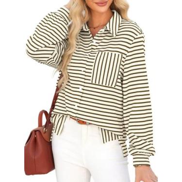 Imagem de Camisa feminina elegante de 2025 com botões, listrada, grande, decote 