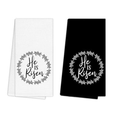 Imagem de EGBTL Toalhas de cozinha cristãs da Páscoa Jesus, He is Risen, toalhas de mão de Páscoa para decoração de banheiro, preto e branco versículo religioso da Bíblia panos de prato para cozinha 40,6 x 61