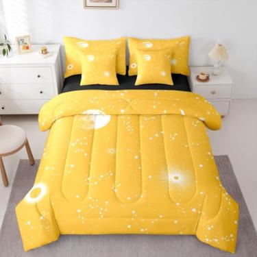 Imagem de Erosebridal Conjunto de edredom com estampa de galáxia, estrelas, amarelo, tamanho Queen, 7 peças, espaço sideral, céu estrelado, constelação, estrelas cintilantes, roupa de cama com lençóis