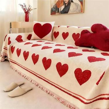 Imagem de Cmfshape Um presente de amor – Capas de sofá bege com corações vermelhos, capa de sofá lavável para o dia dos namorados, para a família, serve na maioria dos sofás, 299 cm x 180 cm
