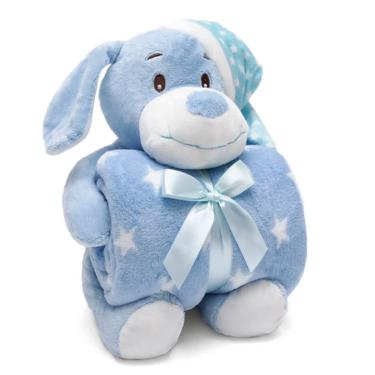 Imagem de Manta e Bichinho Pelúcia Buettner Baby Microfibra Puppy Dog com Touca Azul