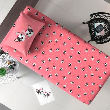 Imagem de Jogo de Cama Portallar Solteiro Malha Mista 70% Algodão e 30% Poliéster Joy Bulldog Francês 2 Peças Rose