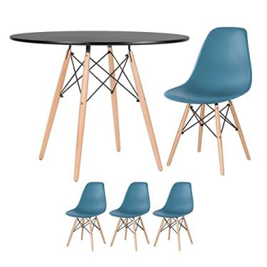 Imagem de Loft7, Kit - Mesa redonda Eames 100 cm preto + 3 cadeiras Eiffel Dsw Turquesa