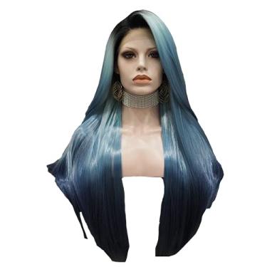 Imagem de Peruca azul reta sintética lace frontal peruca de fibra resistente ao calor Perucas femininas