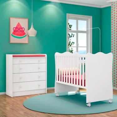 Imagem de Quarto De Bebê Cômoda 4 Gavetas Certificado Pelo Inmetro Doce Sonho E Berço Simples Branco - Qmovi