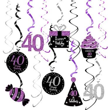 Imagem de Decorações de aniversário de 40 anos, roxo, preto, prata para mulheres, festa de Qian, roxo, prata, preto, redemoinhos pendurados, decoração de festa de aniversário de 40 anos, espirais de decoração para festa de 40 anos