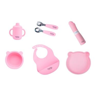 Imagem de Freso Baby Kit Alimentação de Bebê Silicone Atóxico Livre de BPA Introdução Alimentar BLW Pratinhos Babador Talheres Completo 7 Peças Urso Rosa