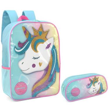 Imagem de Kit mochila e estojo escolar menina bolsa unicórnio up4you, Verde