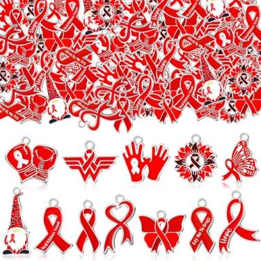 Imagem de Kenning 120 peças de pingentes de fita vermelha para conscientização semanal liga diga não às drogas pingente para fazer joias, colar, pulseira, artesanato faça você mesmo, Liga de aço, Sem Pedra