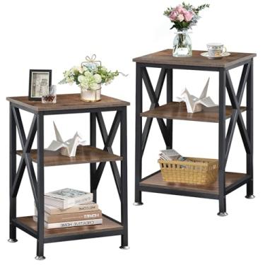 Imagem de Conjunto de 2 mesas de canto para sala de estar, 30,5 cm P x 40,6 cm L x 61 cm A, mesa lateral de 3 níveis com prateleira de armazenamento, conjunto de 2 mesas laterais de sofá, sala de estar,