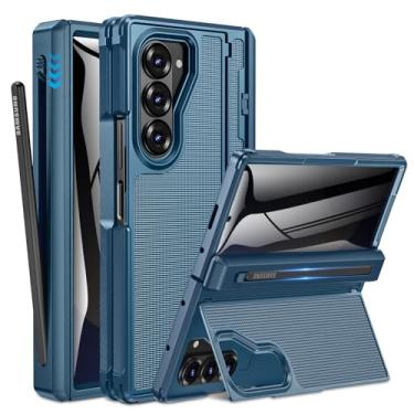 Imagem de Caka Capa para Samsung Galaxy Z Fold 6 [suporte de caneta S fino] [suporte oculto] [proteção de dobradiça] [protetor de tela] capa rígida à prova de choque com textura antiderrapante para Fold6 - azul