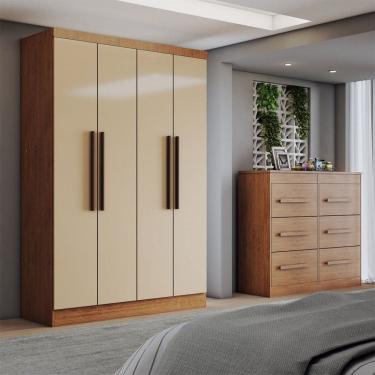 Imagem de Guarda-Roupa Solteiro Europa 4 Portas 2 Gavetas com Cômoda 6 Gavetas Nude/Nogueira - Panorama Móveis