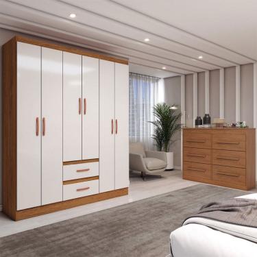 Imagem de Guarda-Roupa Solteiro Europa 6 Portas 2 Gavetas com Cômoda 6 Gavetas Cinamomo/Off White - Panorama Móveis